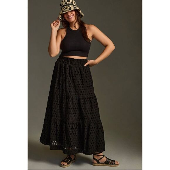 NEW Anthropologie Somerset Black Tiered Smocked Eyelet Pockets Maxi Skirt Medium - Picture 5 of 8